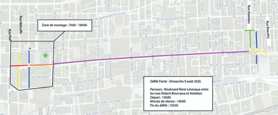 Carte du trajet allant de la zone de montage sur le boul. René-Lévesque Ouest à la Rue Atateken. L'heure de fin indiquée sur la carte correspond à l'heure estimée d'arrivée de la queue du défilé à la Rue Atateken.